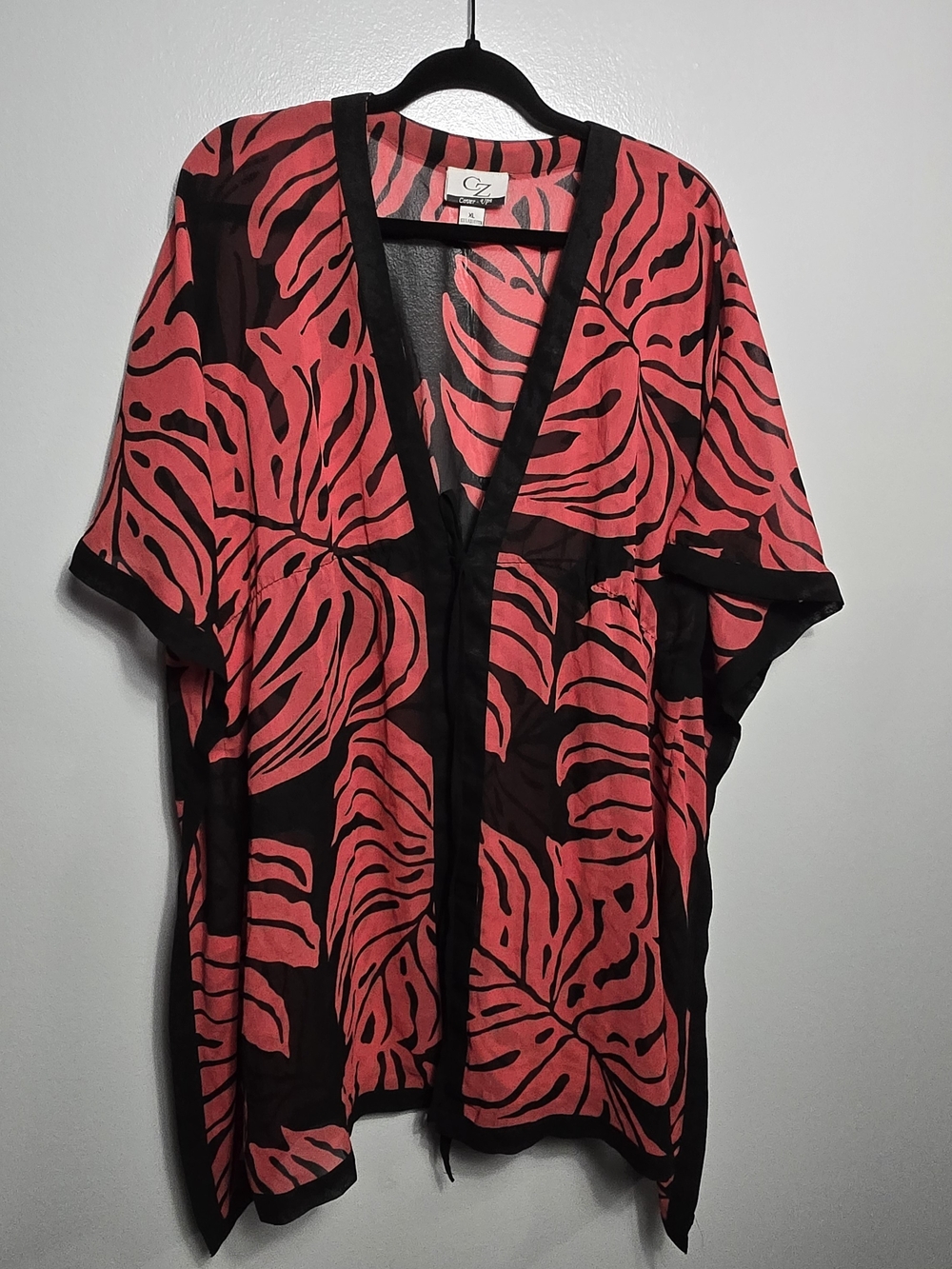 CZ Cover-Ups Black Coral Pink Tropical Palm Leaf Sheer Swim Kimono Caftan Top XL